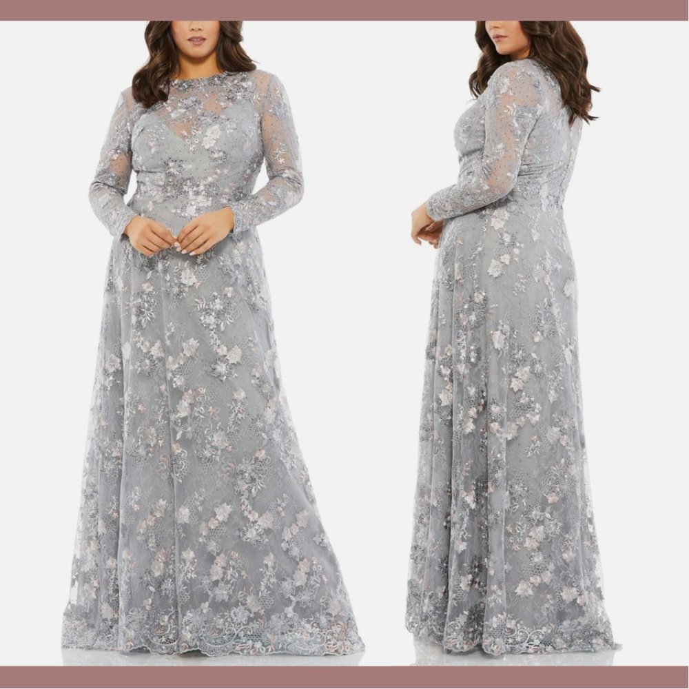 NWT $598 Mac Duggal [ 18W ] Embellished‎ Illusion Long Sleeve A Line Gown #Q542